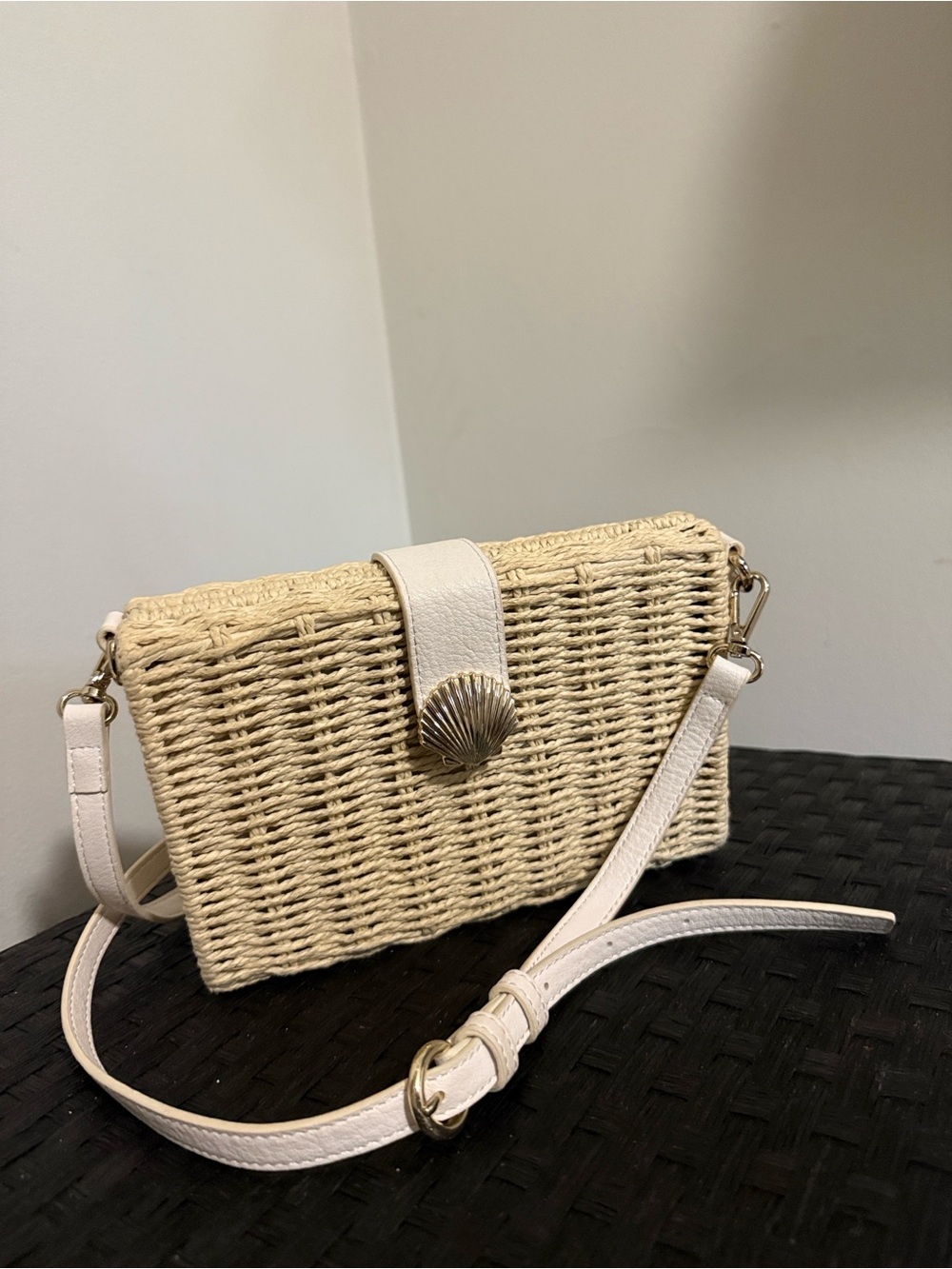 LC Lauren Conrad Woven Straw Crossbody with White Trim and Shell Accent